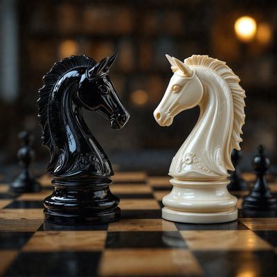 The primary subject of the image is a chessboard with two white and black chess pieces, specifically two knights, placed on it. The setting is a dark room, and the visual style appears to be a photo. The dominant colors are black and white, creating a classic and timeless atmosphere.